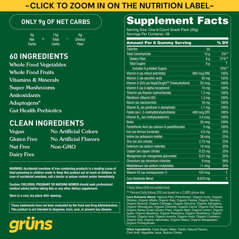 Gruns Adults Super Greens Gummies, Multivitamin Superfood Gummy Bears with Spirulina, Chlorella, Prebiotics & Fiber for Digestive Health, Adaptogens Supplement with 20 Vitamins & Minerals, 28 Count