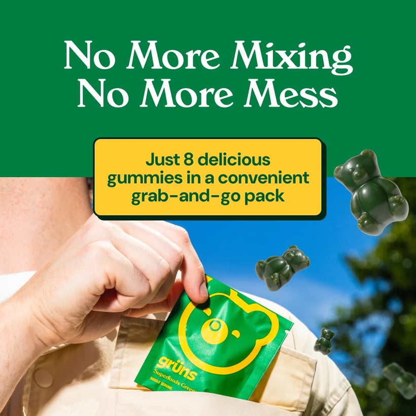 Gruns Adults Super Greens Gummies, Multivitamin Superfood Gummy Bears with Spirulina, Chlorella, Prebiotics & Fiber for Digestive Health, Adaptogens Supplement with 20 Vitamins & Minerals, 28 Count